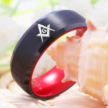 Masonic Men's Black Tungsten with Red Anodized Aluminum Inlay Ring - The Jewellery Supermarket